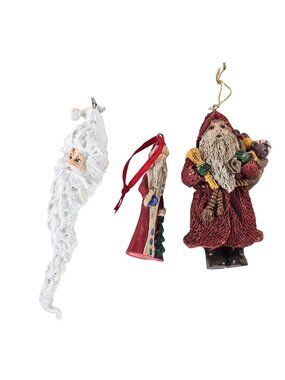 Set Of 3 Vintage Santa Christmas Ornaments Russ Berrie Resin Glitter Accents